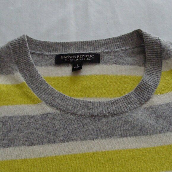 BANANA REPUBLIC Yellow Gray & White STRIPE MERINO WOOL Blend SWEATER Sz L - Picture 3 of 4